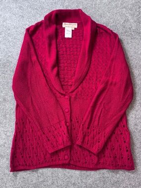 Norm Thompson Open Knit Cardigan Large Red Cotton Button Front